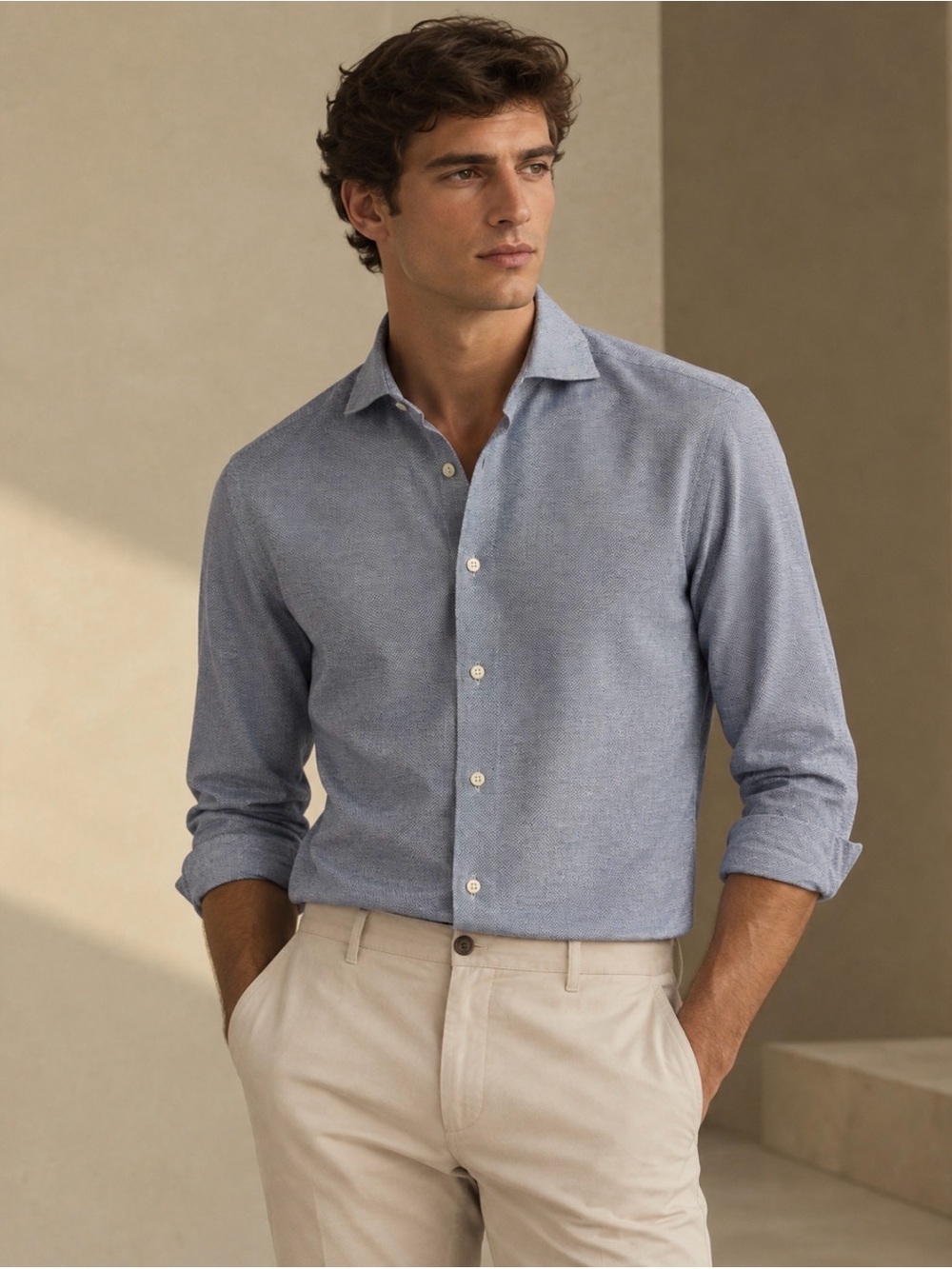 Massimo Dutti Light Blue Textured Pure cotton Men's Dress Shirt, US 15 3/4